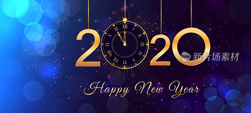 2020 Happy New Year eve text design with shiny golden numbers and vintage clock on blue background with bokeh effect, falling snow,  lights. Design template for holiday banner, poster, greeting card